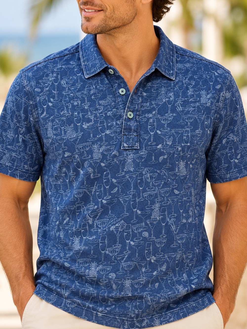Tommy Bahama Men’s L Indigo Cocktail Print Cotton Polo Shirt NWT